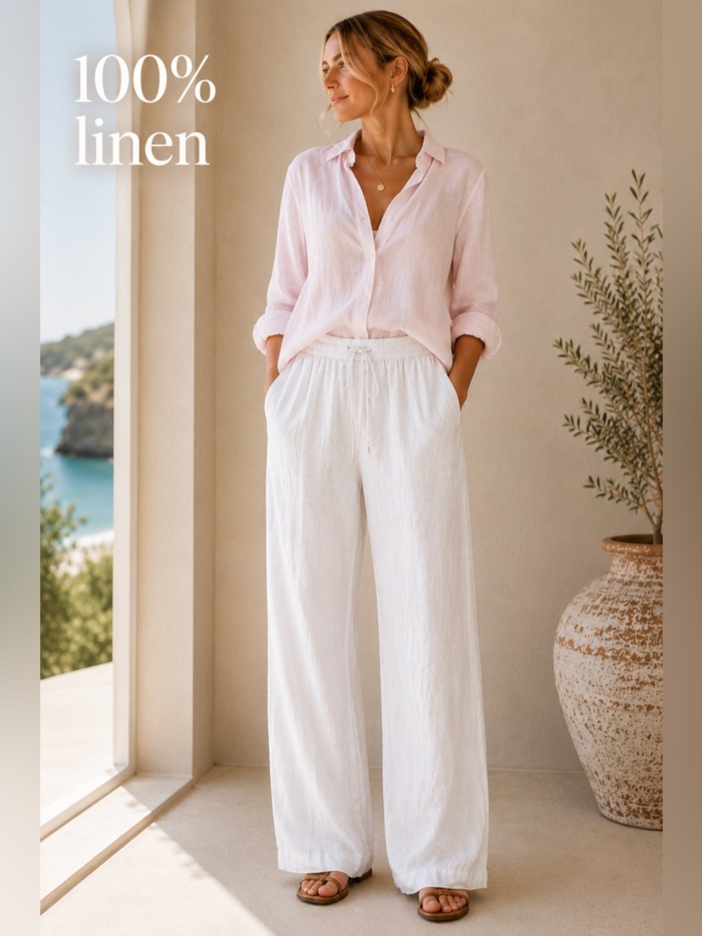 H&M 100% Linen Wide Leg Pull On Pants White XL Coastal Resort Summer